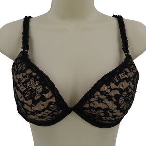 Aerie 34D Bra Underwire Black Beige Floral Flower Lace Padded Push Up Gel Insert